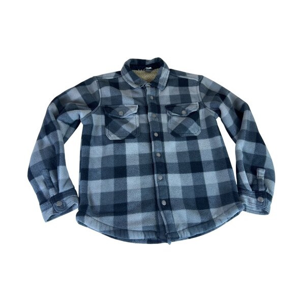 Eddie Bauer Fleece Lined Plaid Shirt Jacket Boys 10-12 Blue Gray Button Up Fall